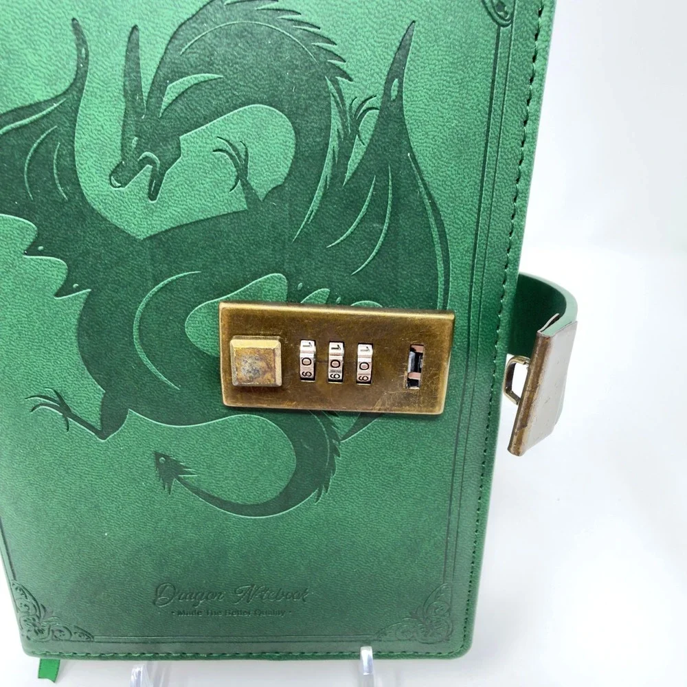 Tiefossi Dragon Notebook Journal Combination Lock Faux Leather Green Lined Pages